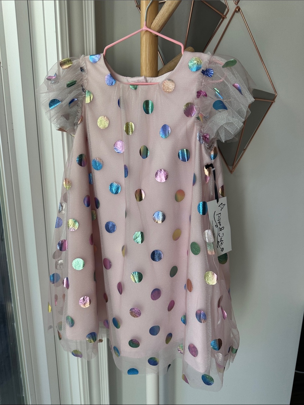 PIPPA & JULIE Girls' Pink Rainbow Polka Dot Tulle Party Birthday Dress Size 6